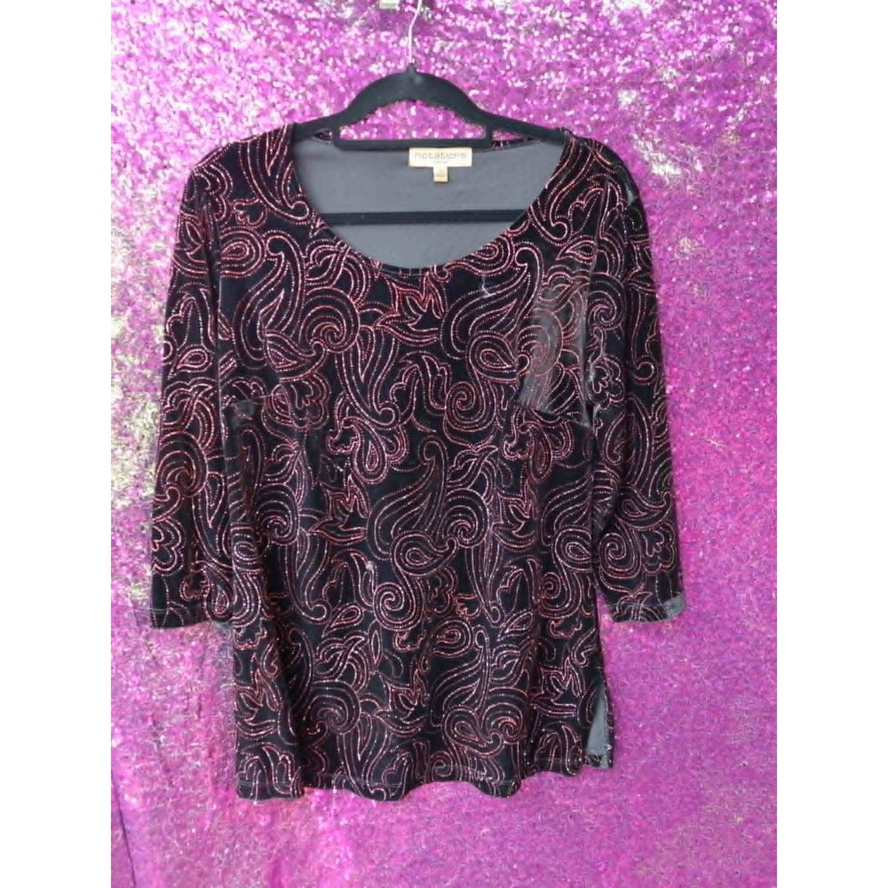 Black Red Glitter Paisley Velvet Top 1X Notations Women 3/4 Sleeve Fall Holiday